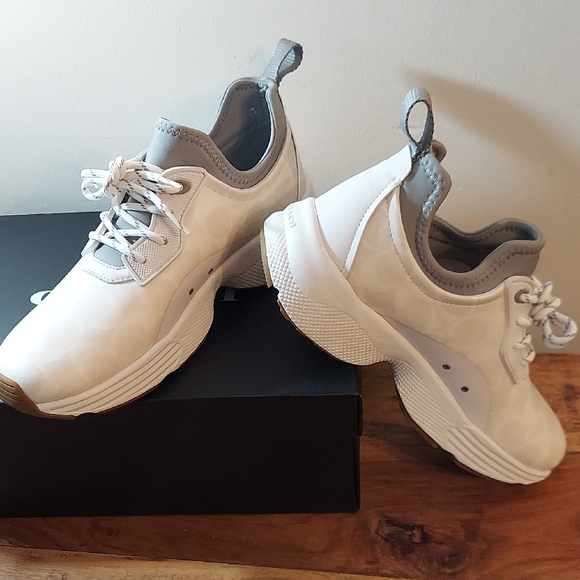 Coach Sz 10 Womens C270 Signature Tech Coated Canvas White & Gray Sneakers - Picture 1 of 13